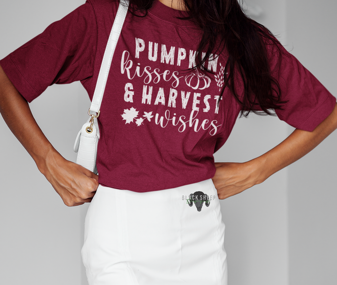 Pumpkin Kisses And Harvest Wishes Shirt | Autumn T-Shirt | Pumpkin Fall Harvest Shirt | Fall T-Shirt | Unisex Cotton Tee